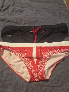 Two-Pack Marcruse Men’s Swim Briefs - Black & Red Bandana Print